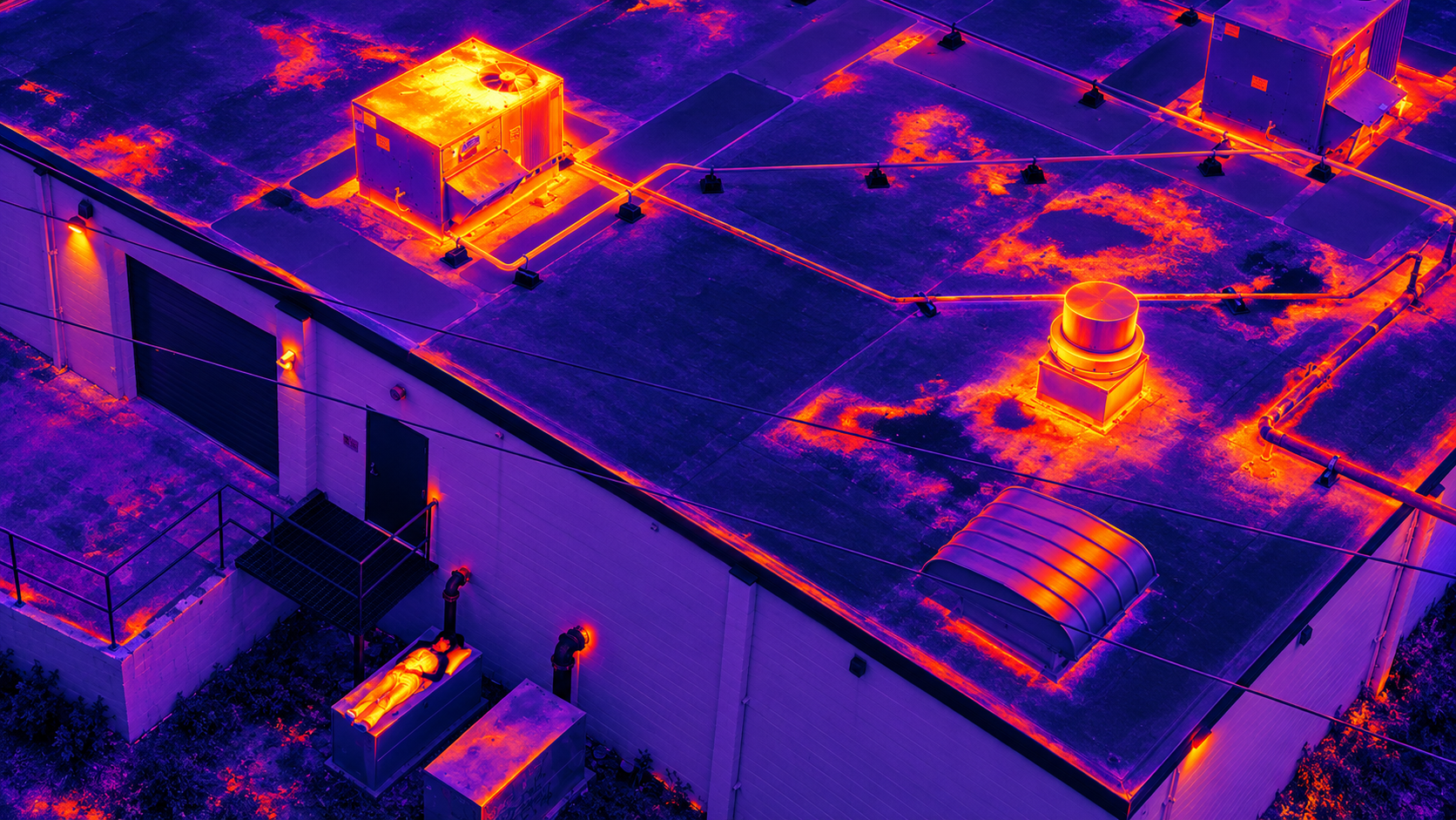 Aerial view of an industrial rooftop with mechanical equipment