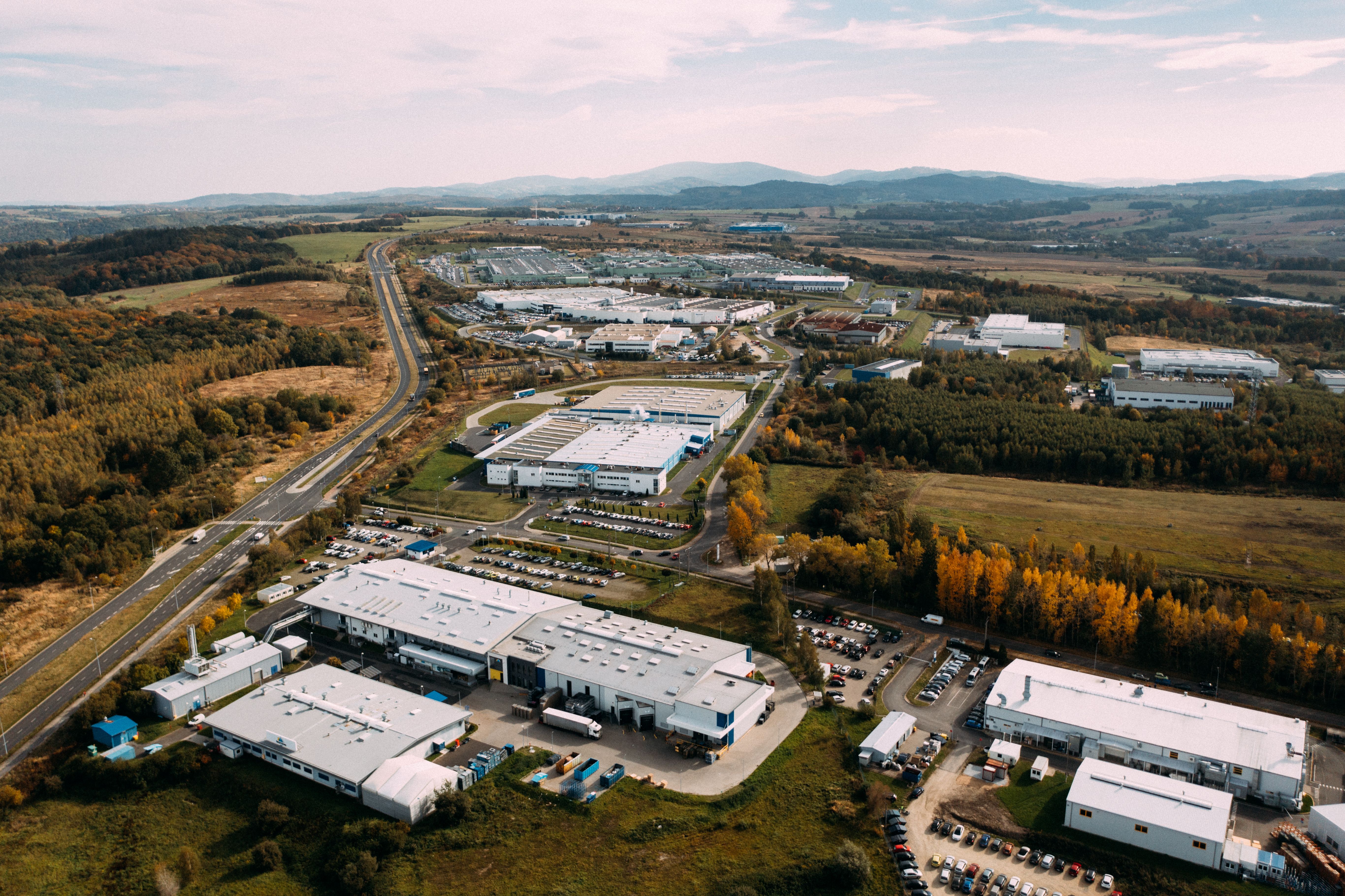 Aerial view of a large commercial and logistics property